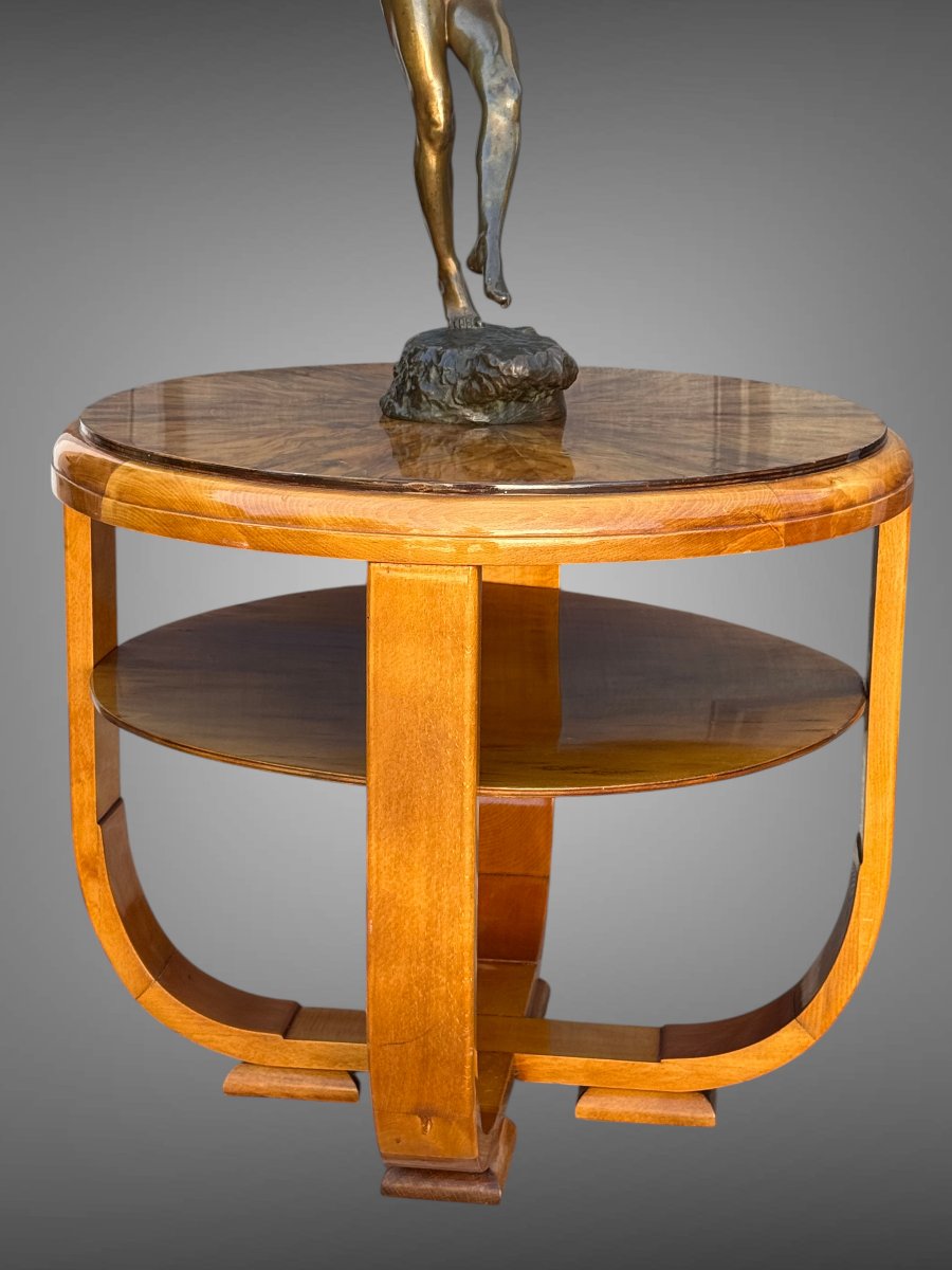 Round Art Deco-era Side Table In Walnut Burl, Resting On 4 Curved Legs-photo-1