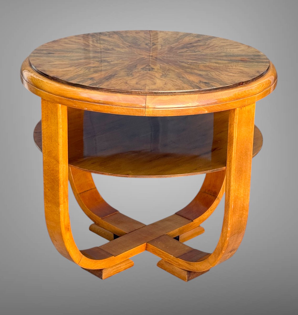 Round Art Deco-era Side Table In Walnut Burl, Resting On 4 Curved Legs-photo-3