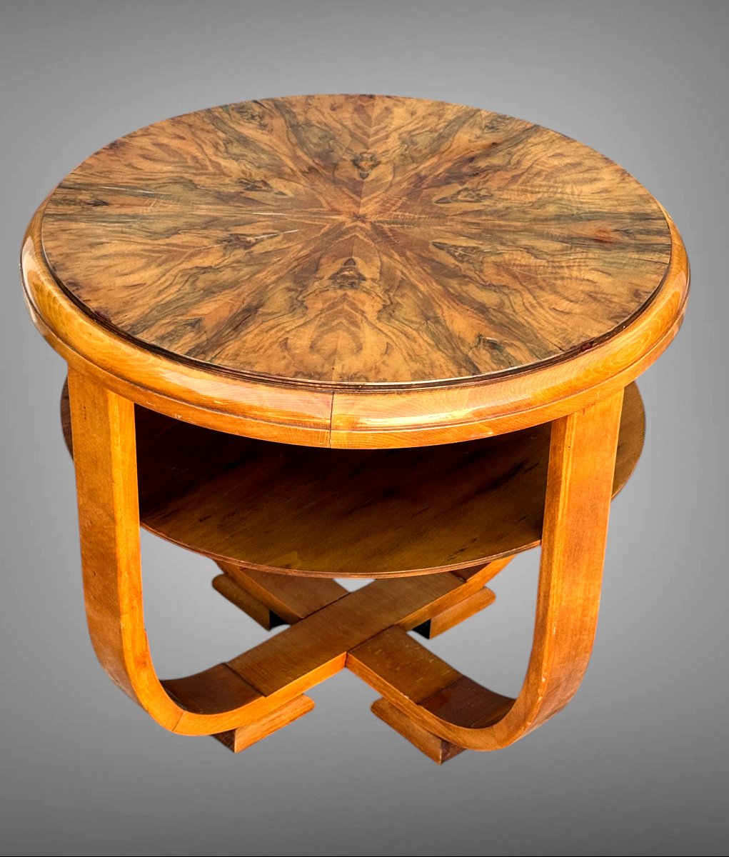 Round Art Deco-era Side Table In Walnut Burl, Resting On 4 Curved Legs-photo-4