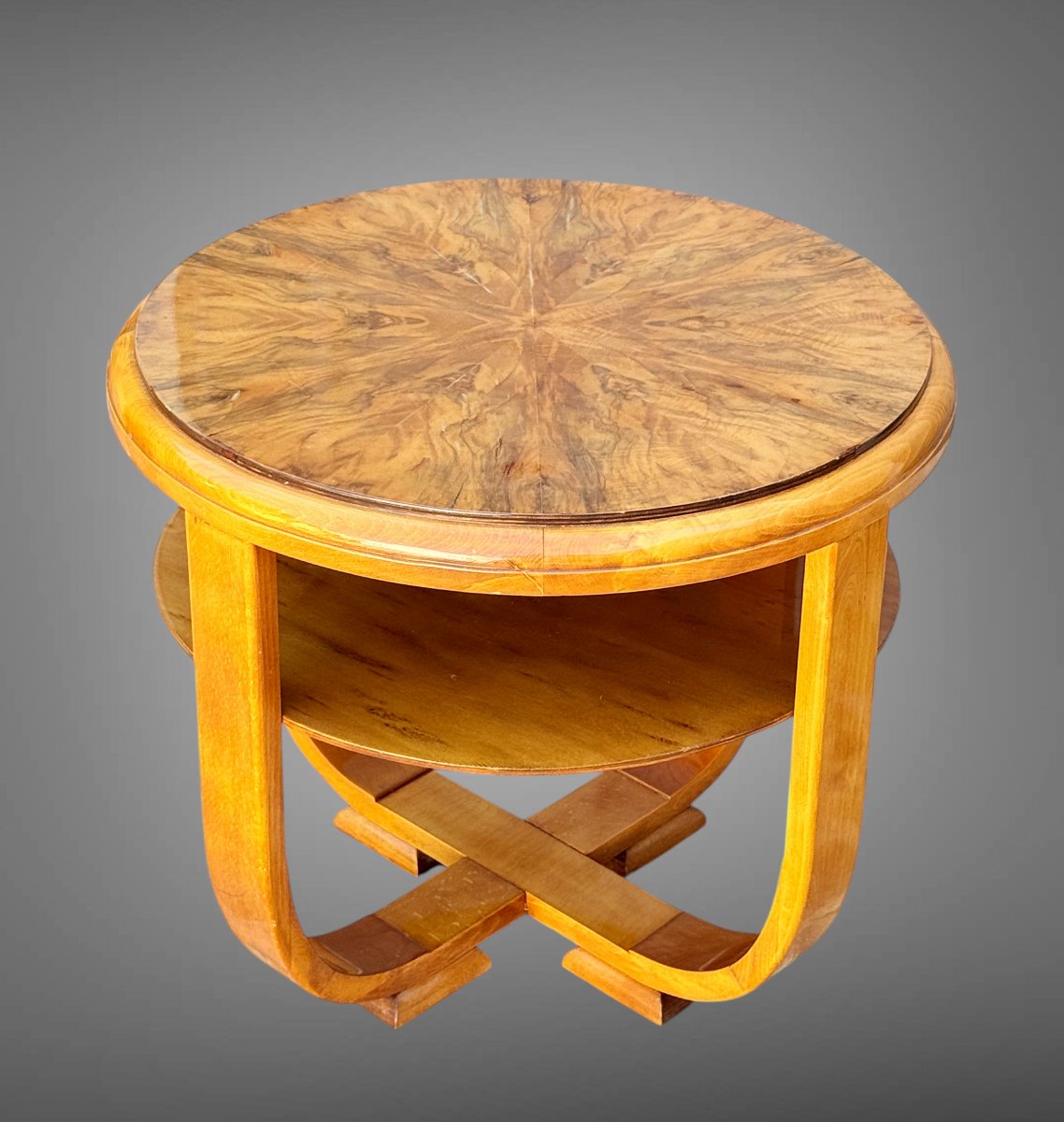 Round Art Deco-era Side Table In Walnut Burl, Resting On 4 Curved Legs-photo-5