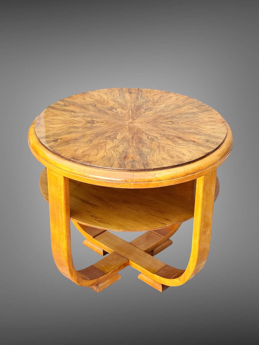 Round Art Deco-era Side Table In Walnut Burl, Resting On 4 Curved Legs-photo-6