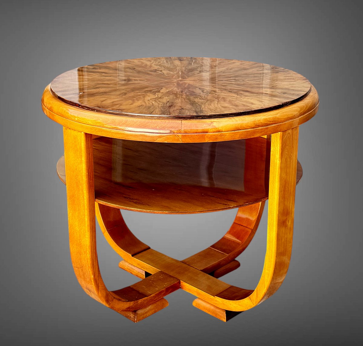 Round Art Deco-era Side Table In Walnut Burl, Resting On 4 Curved Legs