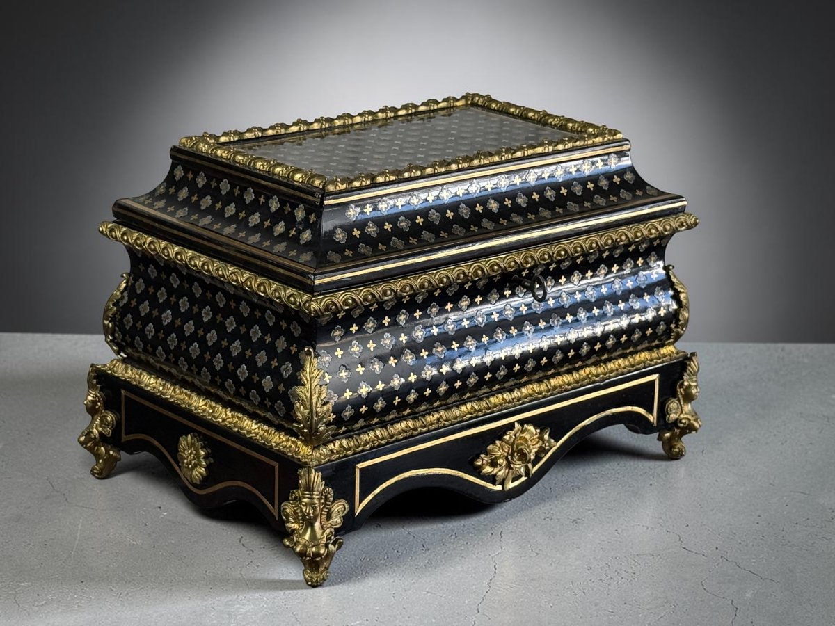 COFFRET DE MARIAGE EPOQUE NAPOLEON EN MARQUETERIE A LA REINE ORNÉ DE BRONZES-photo-3