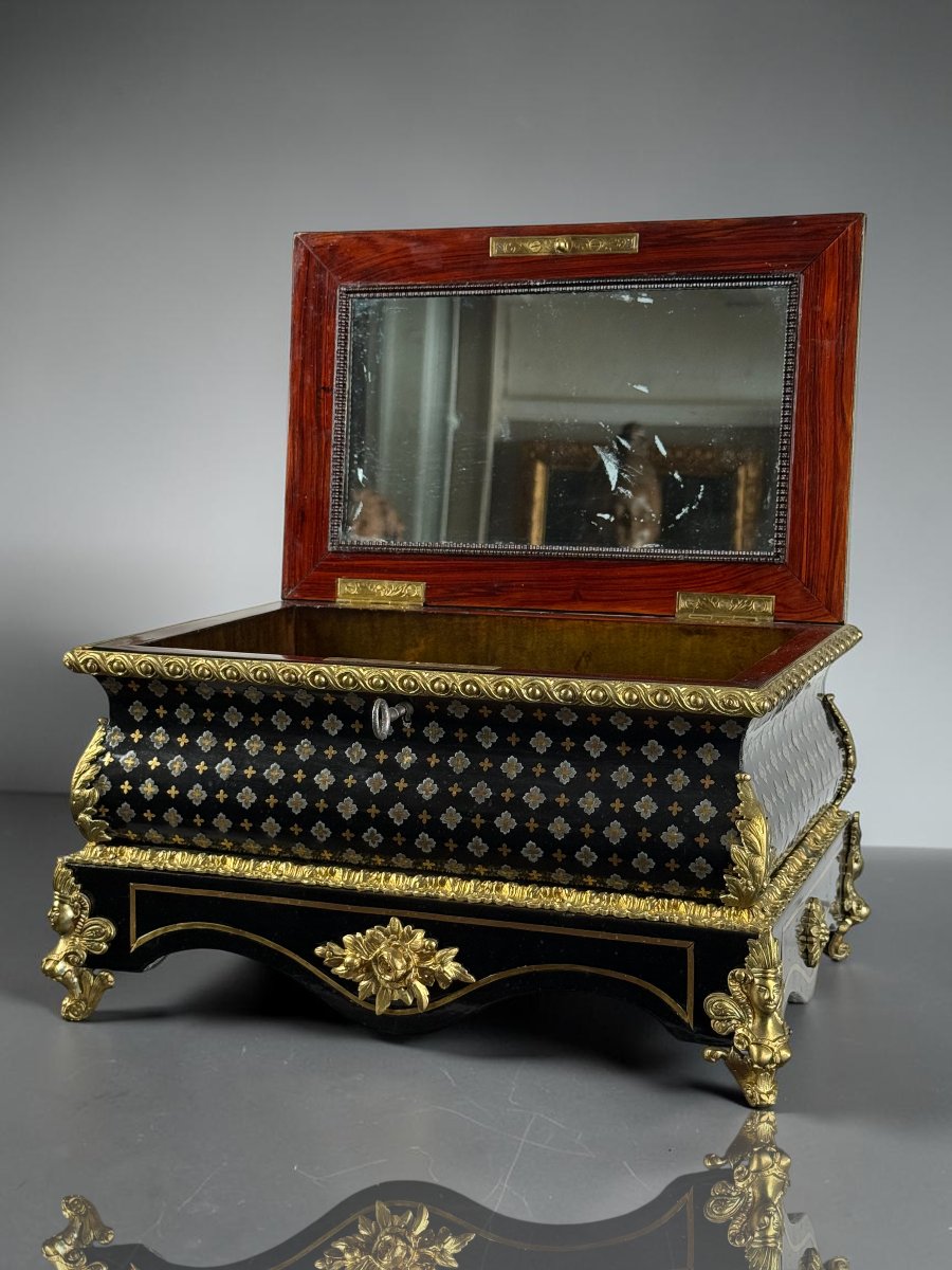 COFFRET DE MARIAGE EPOQUE NAPOLEON EN MARQUETERIE A LA REINE ORNÉ DE BRONZES-photo-1