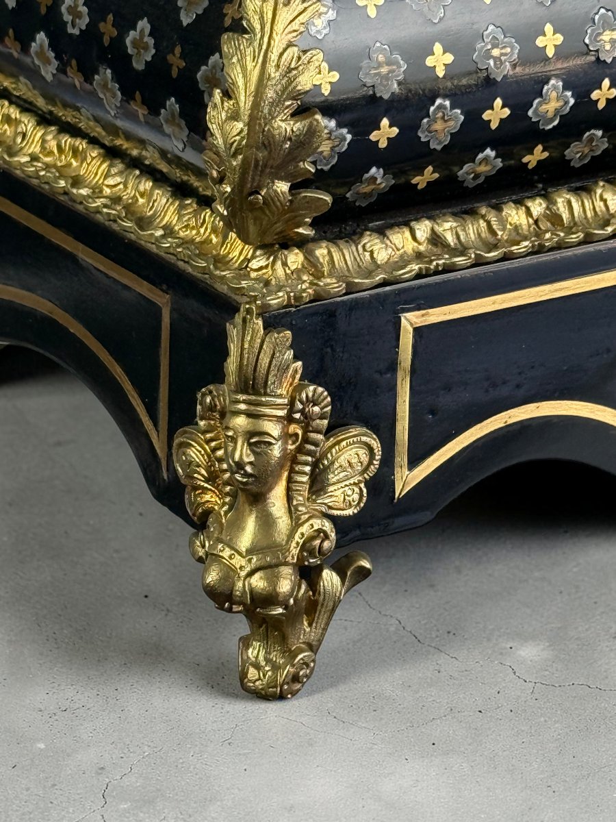 COFFRET DE MARIAGE EPOQUE NAPOLEON EN MARQUETERIE A LA REINE ORNÉ DE BRONZES-photo-4