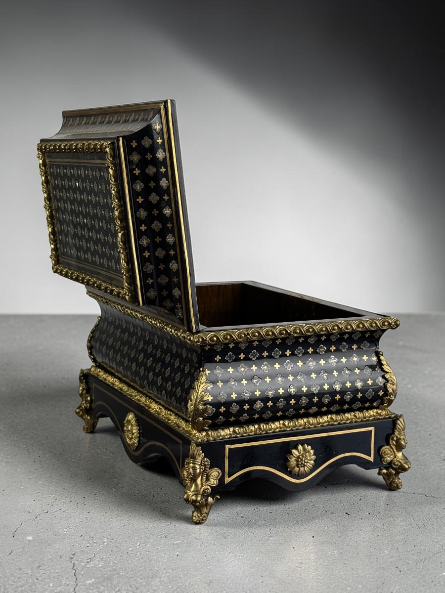 COFFRET DE MARIAGE EPOQUE NAPOLEON EN MARQUETERIE A LA REINE ORNÉ DE BRONZES-photo-5