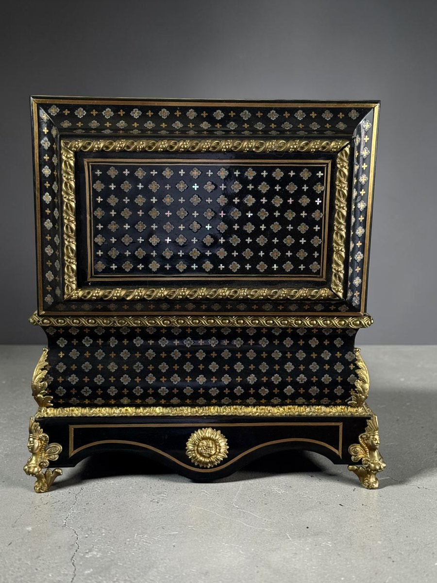 COFFRET DE MARIAGE EPOQUE NAPOLEON EN MARQUETERIE A LA REINE ORNÉ DE BRONZES-photo-6