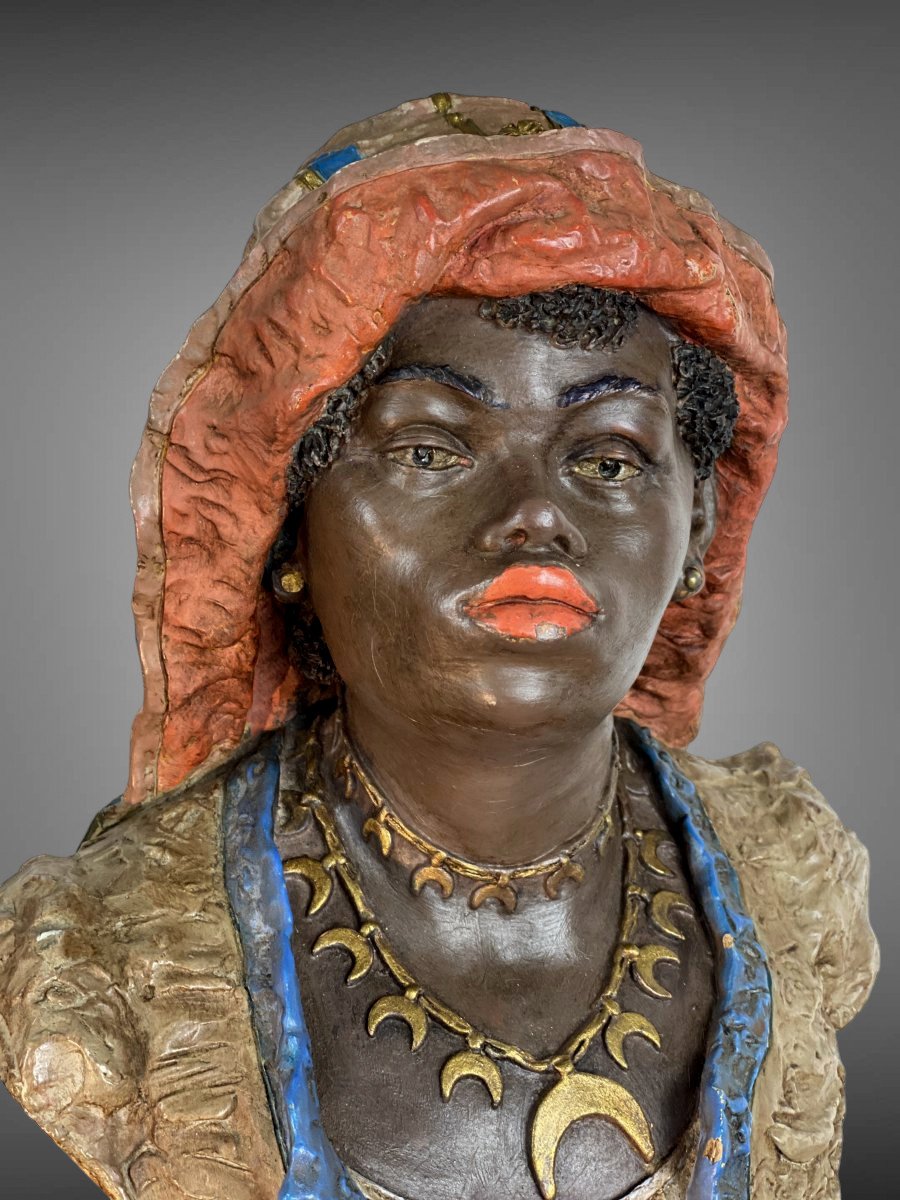 Orientalist Bust In Polychrome Terracotta – Goldscheider, Circa 1900-photo-2