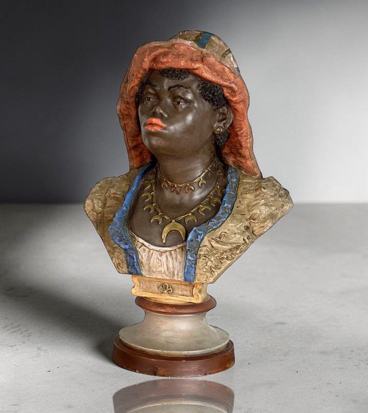Orientalist Bust In Polychrome Terracotta – Goldscheider, Circa 1900-photo-5