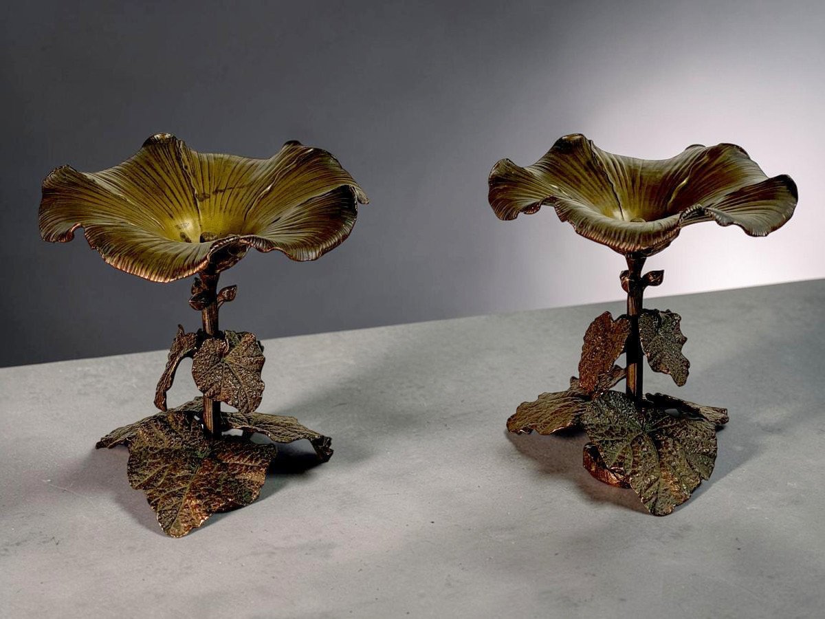 PAIRE DE COUPES EN BRONZE PATINÉ A DECOR VEGETAL – SUSSE FRERES- ART NOUVEAU-photo-2
