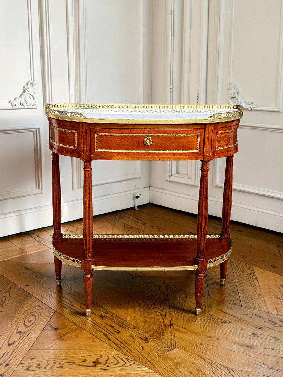 19th-century Half-moon Side Table/console In The Louis XVI Style, Made Of Mahogany With A White Marble Top -photo-3