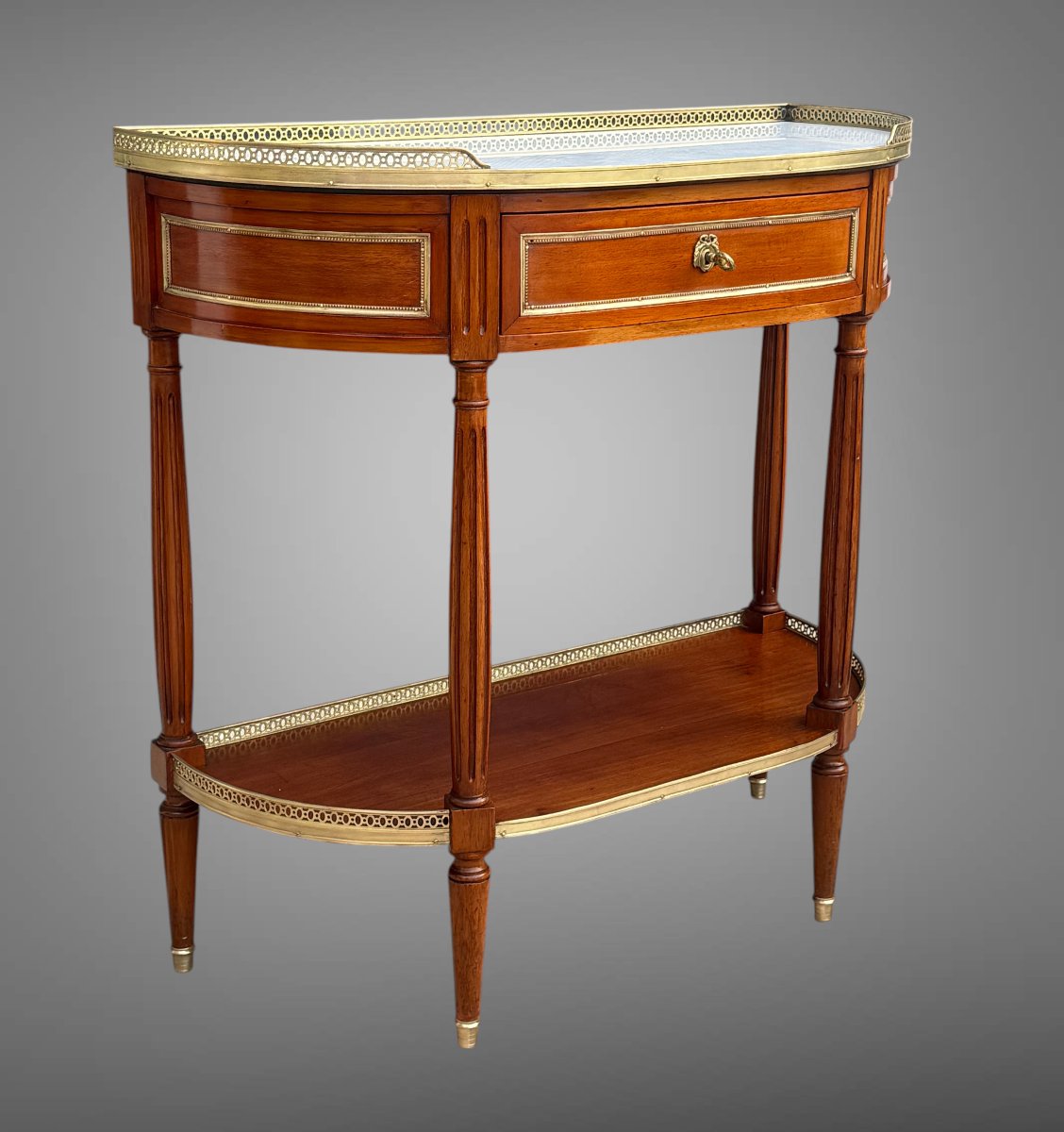 19th-century Half-moon Side Table/console In The Louis XVI Style, Made Of Mahogany With A White Marble Top -photo-1
