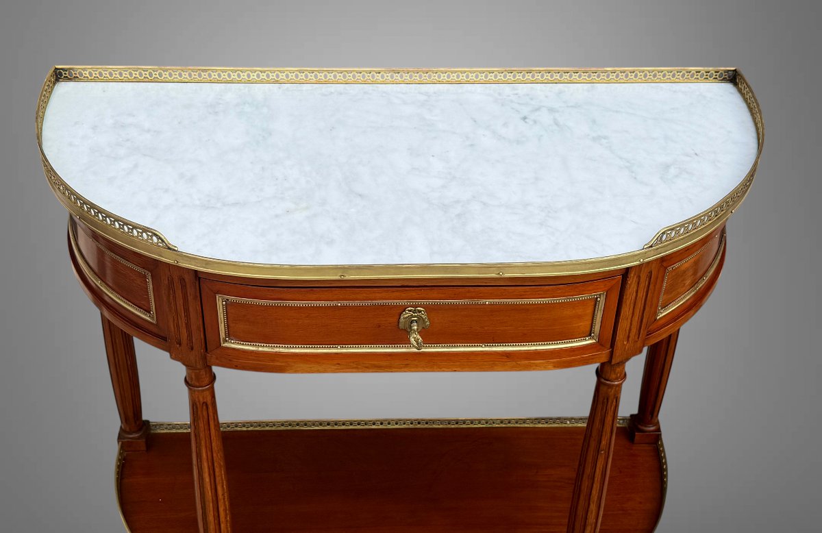19th-century Half-moon Side Table/console In The Louis XVI Style, Made Of Mahogany With A White Marble Top -photo-2