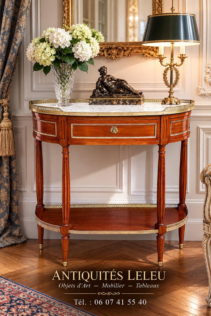19th-century Half-moon Side Table/console In The Louis XVI Style, Made Of Mahogany With A White Marble Top -photo-3