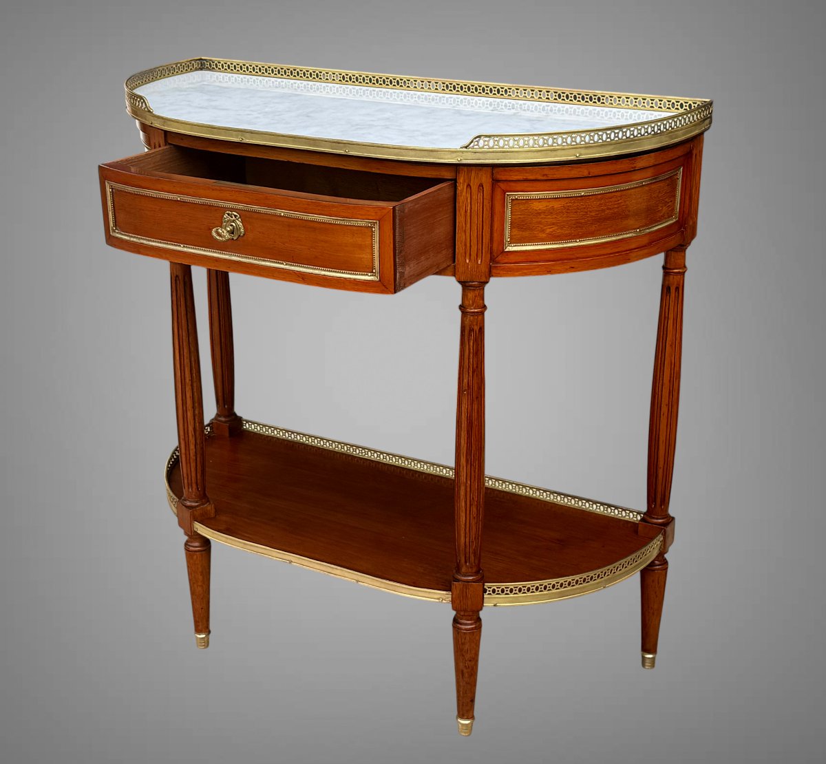 19th-century Half-moon Side Table/console In The Louis XVI Style, Made Of Mahogany With A White Marble Top -photo-4