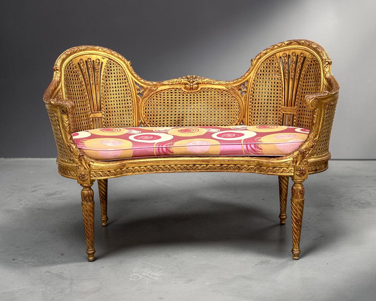 CANAPÉ /BANQUETTE EN DOUBLE CANNAGE BOIS DORÉ STYLE LOUIS XVI DES ANNÉES 1900-photo-2
