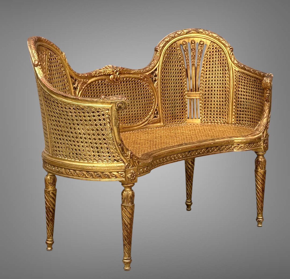 CANAPÉ /BANQUETTE EN DOUBLE CANNAGE BOIS DORÉ STYLE LOUIS XVI DES ANNÉES 1900-photo-3