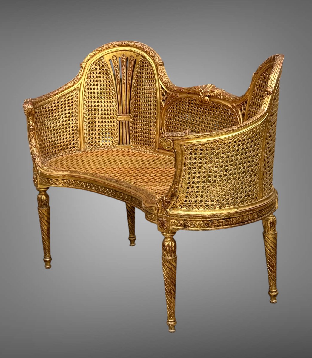 CANAPÉ /BANQUETTE EN DOUBLE CANNAGE BOIS DORÉ STYLE LOUIS XVI DES ANNÉES 1900-photo-4