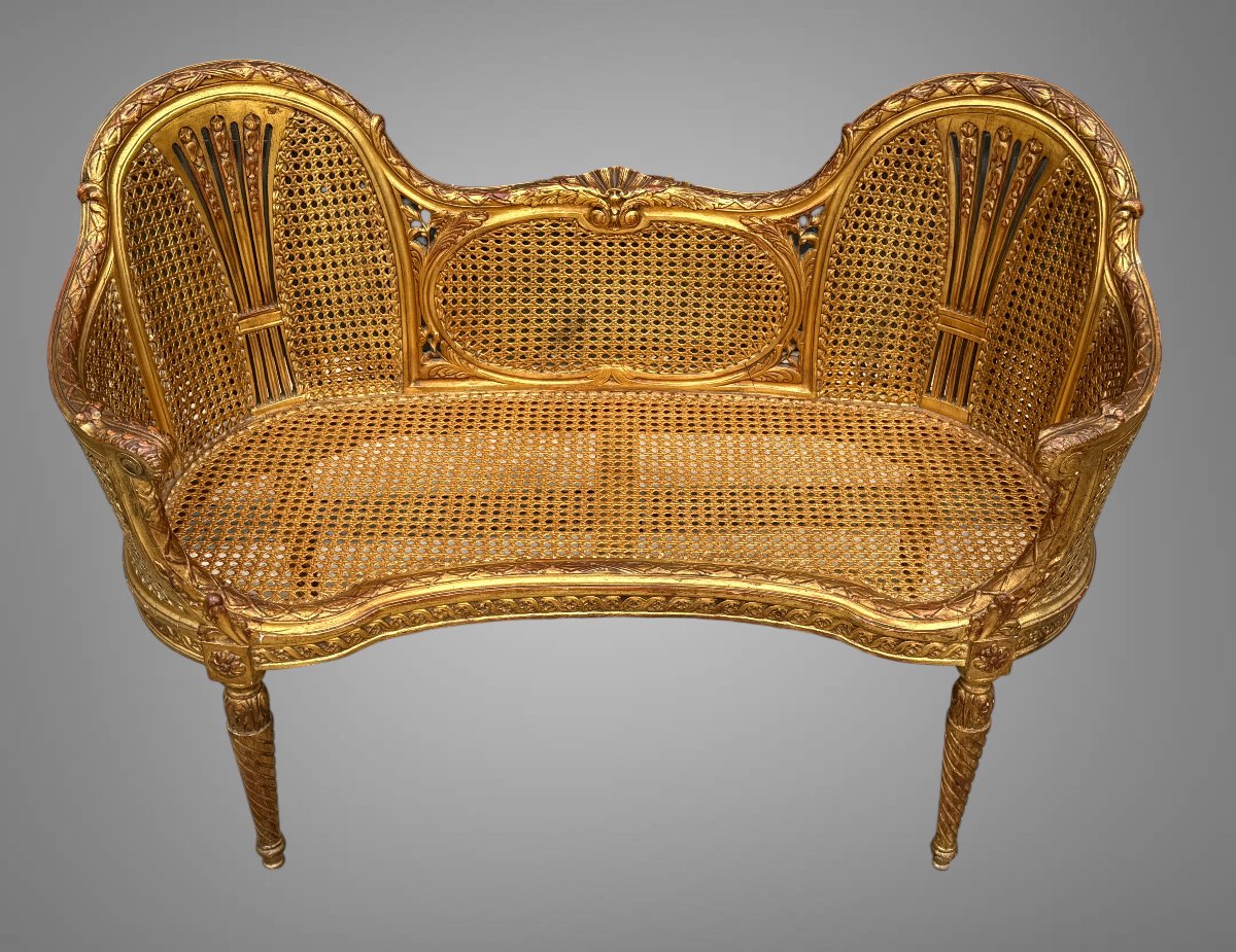 CANAPÉ /BANQUETTE EN DOUBLE CANNAGE BOIS DORÉ STYLE LOUIS XVI DES ANNÉES 1900-photo-1