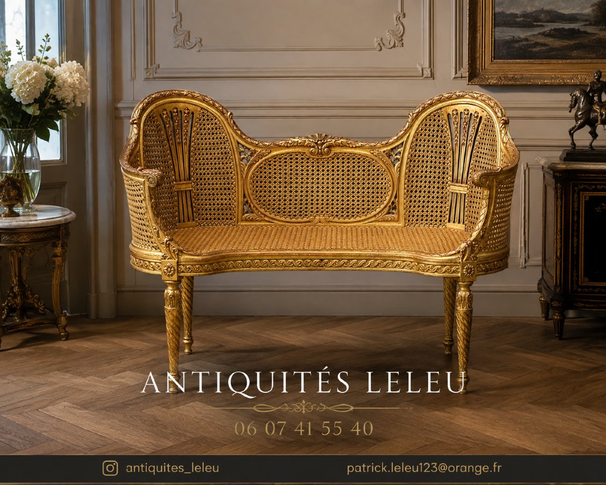CANAPÉ /BANQUETTE EN DOUBLE CANNAGE BOIS DORÉ STYLE LOUIS XVI DES ANNÉES 1900-photo-2