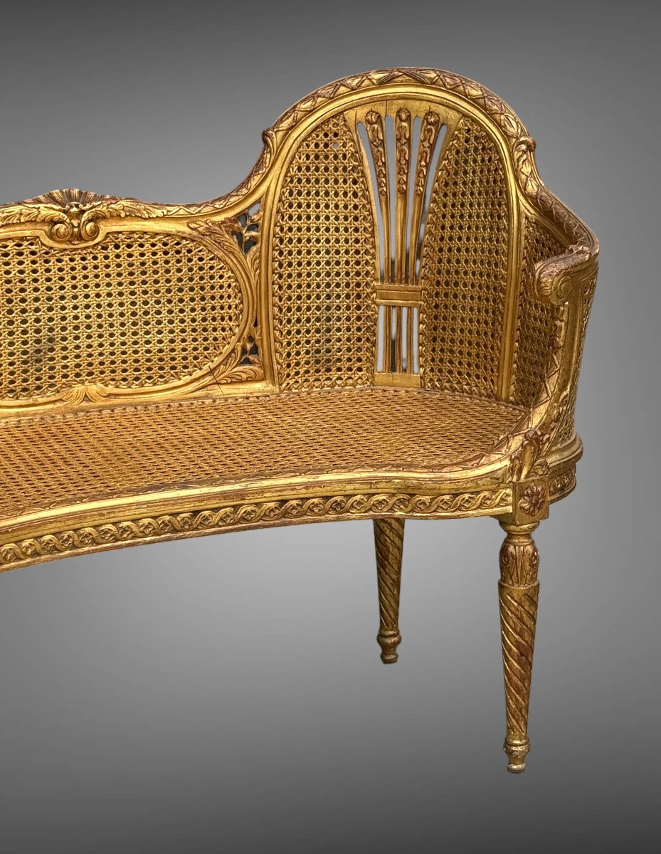 CANAPÉ /BANQUETTE EN DOUBLE CANNAGE BOIS DORÉ STYLE LOUIS XVI DES ANNÉES 1900-photo-3