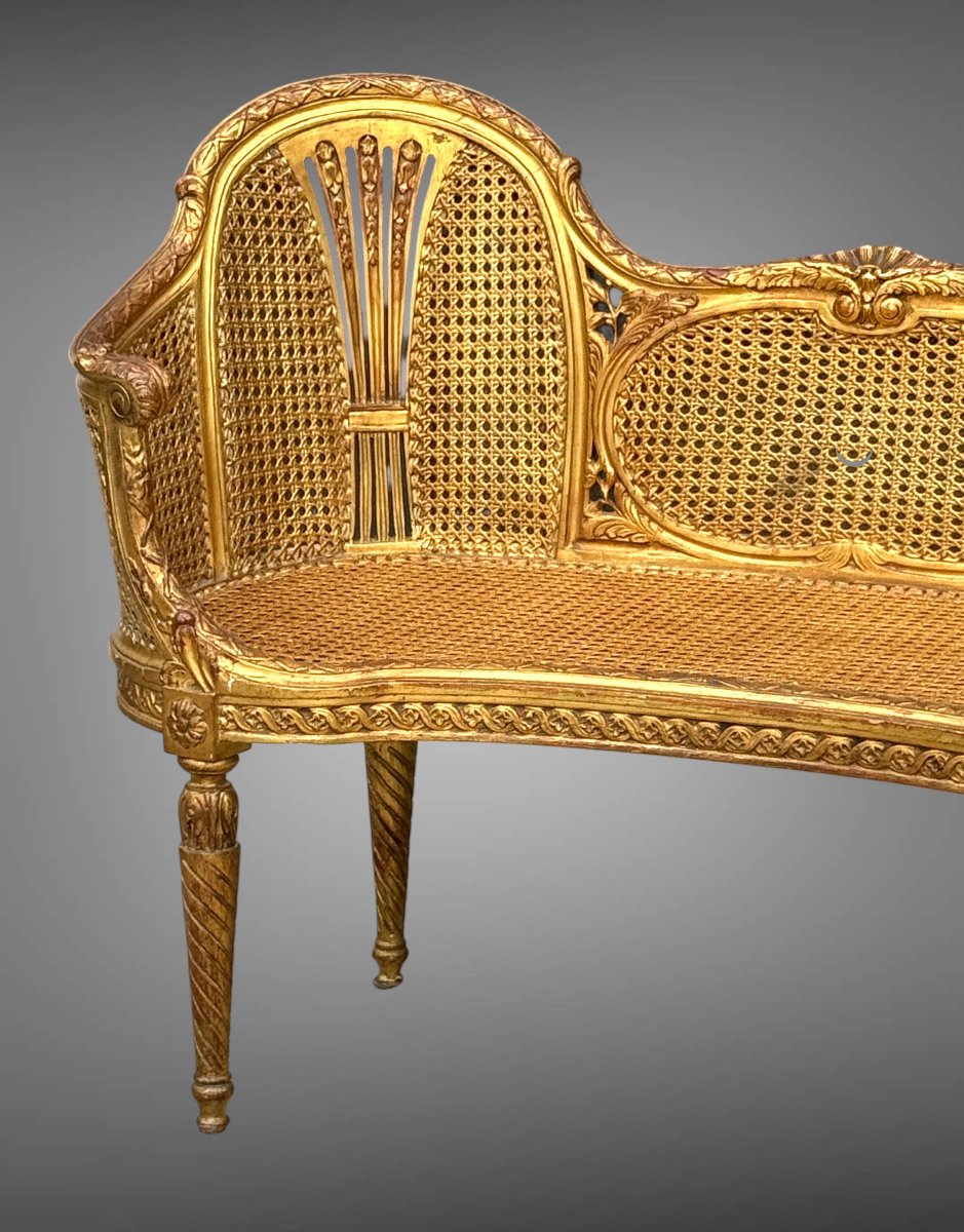 CANAPÉ /BANQUETTE EN DOUBLE CANNAGE BOIS DORÉ STYLE LOUIS XVI DES ANNÉES 1900-photo-4