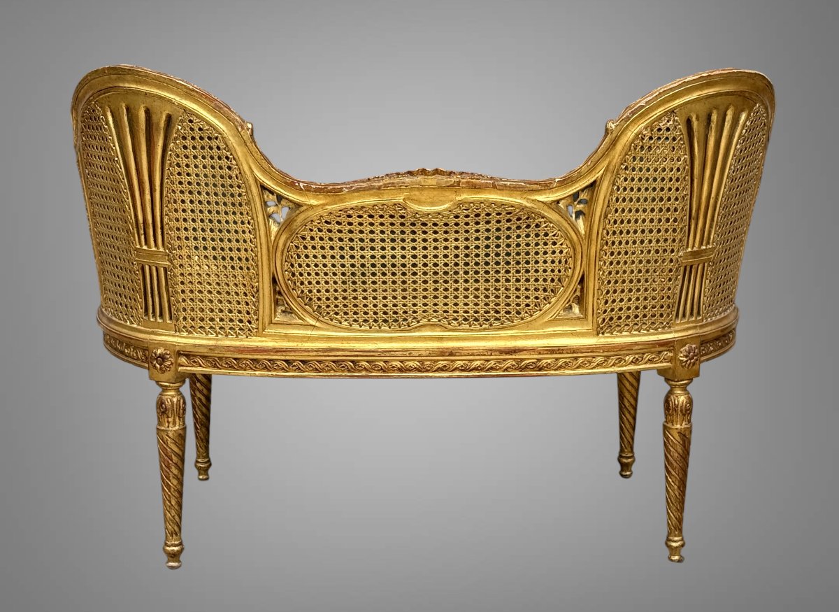CANAPÉ /BANQUETTE EN DOUBLE CANNAGE BOIS DORÉ STYLE LOUIS XVI DES ANNÉES 1900-photo-5