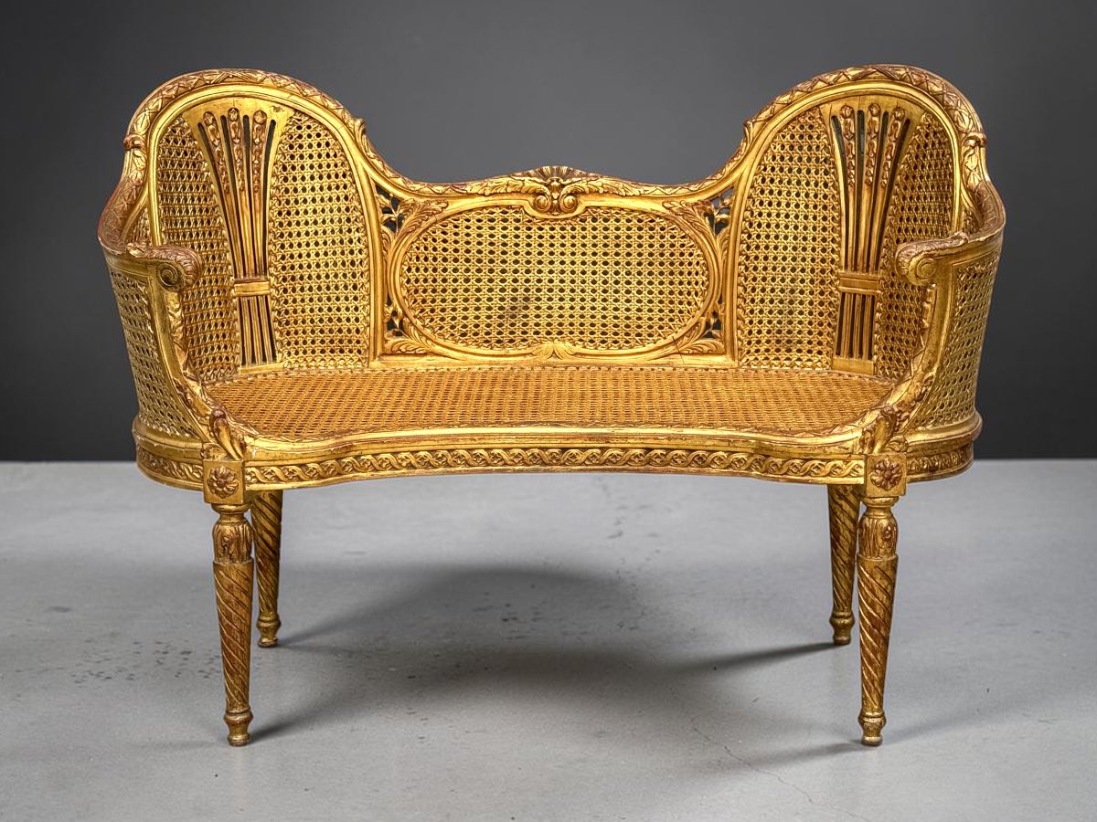 CANAPÉ /BANQUETTE EN DOUBLE CANNAGE BOIS DORÉ STYLE LOUIS XVI DES ANNÉES 1900