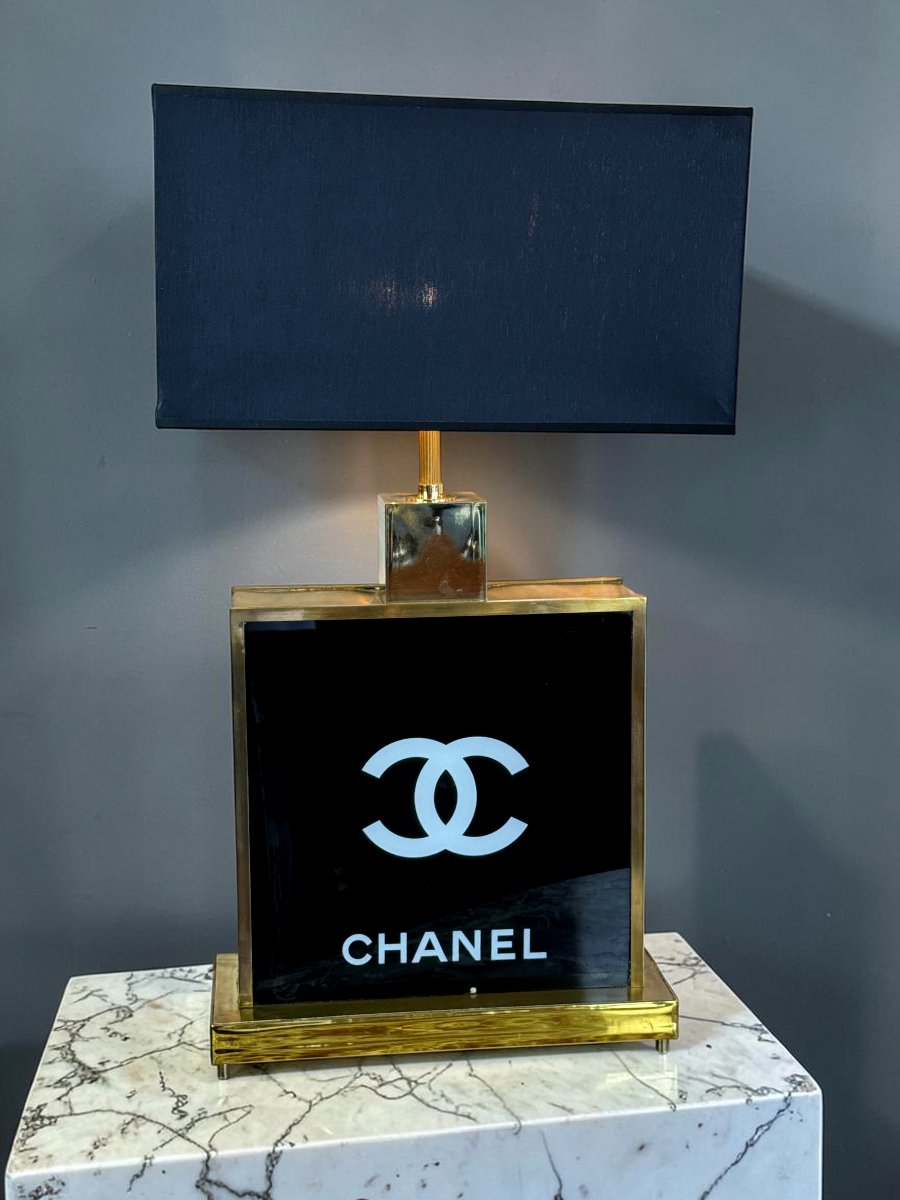 GRANDE LAMPE CHANEL DES ANNÉES 70 EN VERRE ET LAITON ET ABAT JOUR D ORIGINE-photo-4