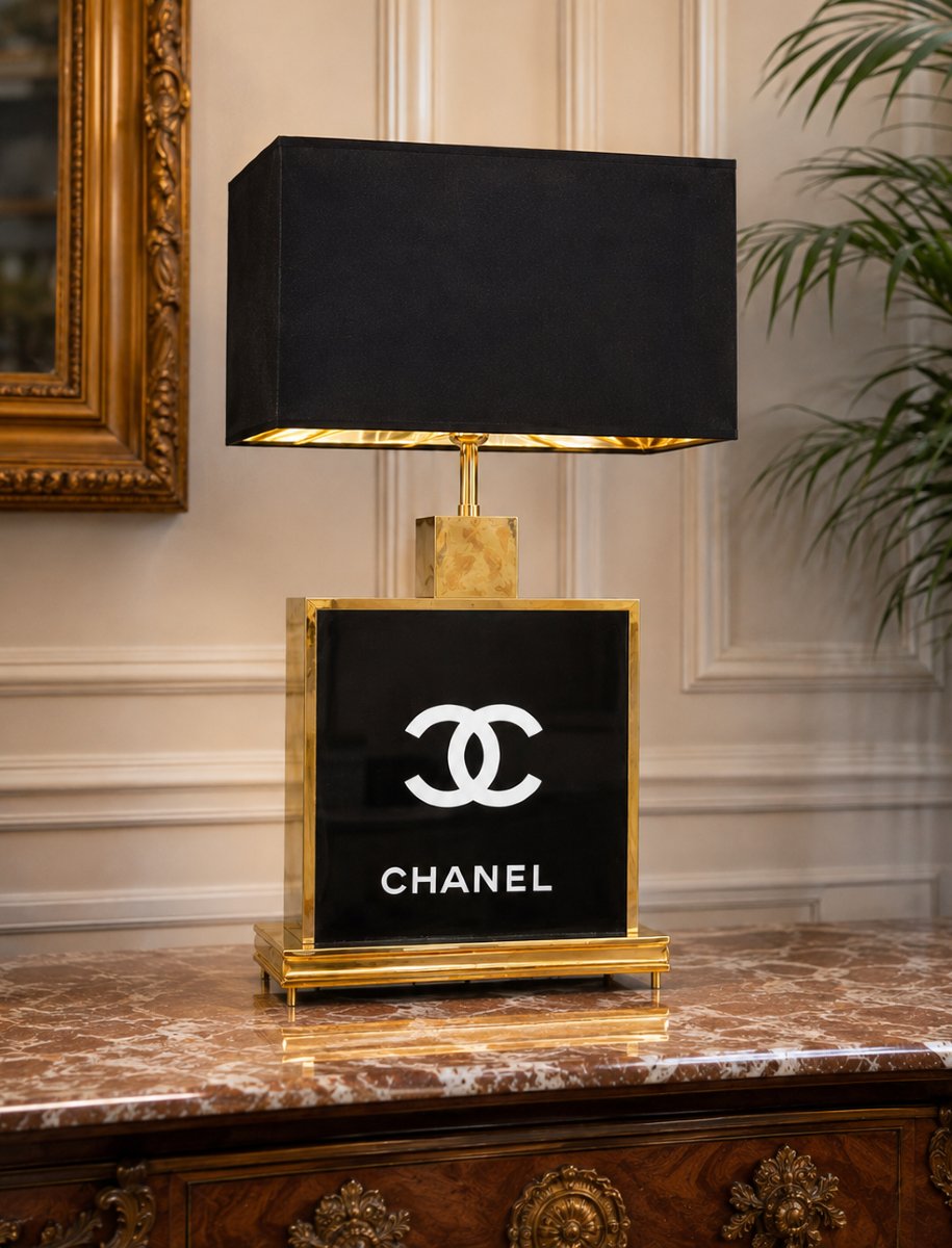 GRANDE LAMPE CHANEL DES ANNÉES 70 EN VERRE ET LAITON ET ABAT JOUR D ORIGINE-photo-2