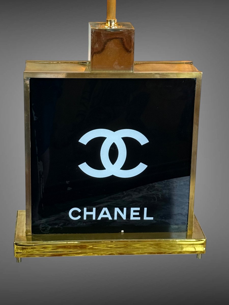 GRANDE LAMPE CHANEL DES ANNÉES 70 EN VERRE ET LAITON ET ABAT JOUR D ORIGINE-photo-3