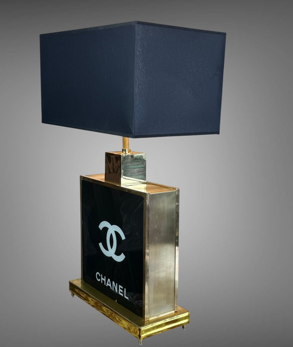 GRANDE LAMPE CHANEL DES ANNÉES 70 EN VERRE ET LAITON ET ABAT JOUR D ORIGINE-photo-4