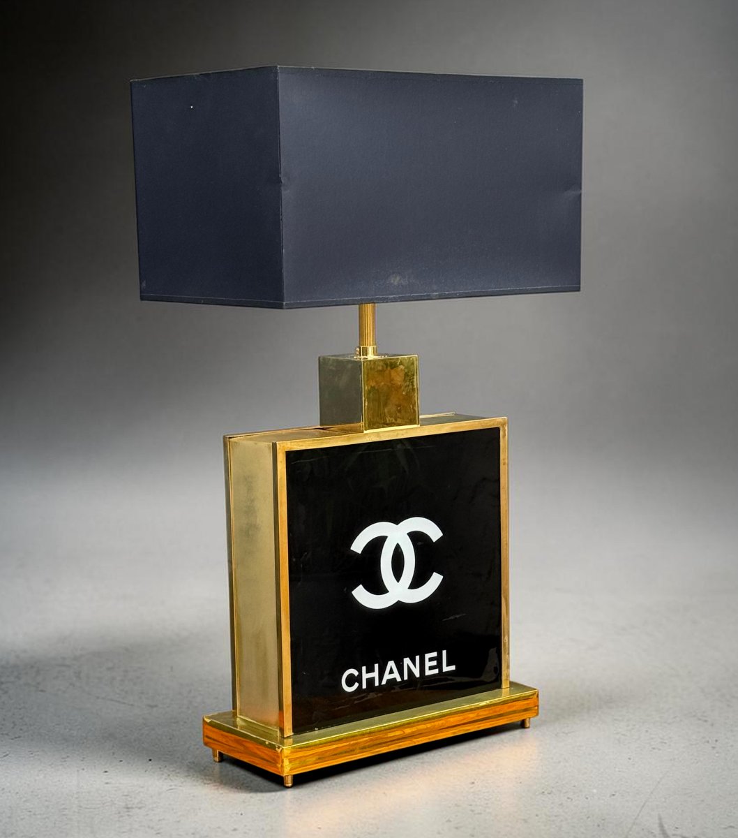 GRANDE LAMPE CHANEL DES ANNÉES 70 EN VERRE ET LAITON ET ABAT JOUR D ORIGINE-photo-6