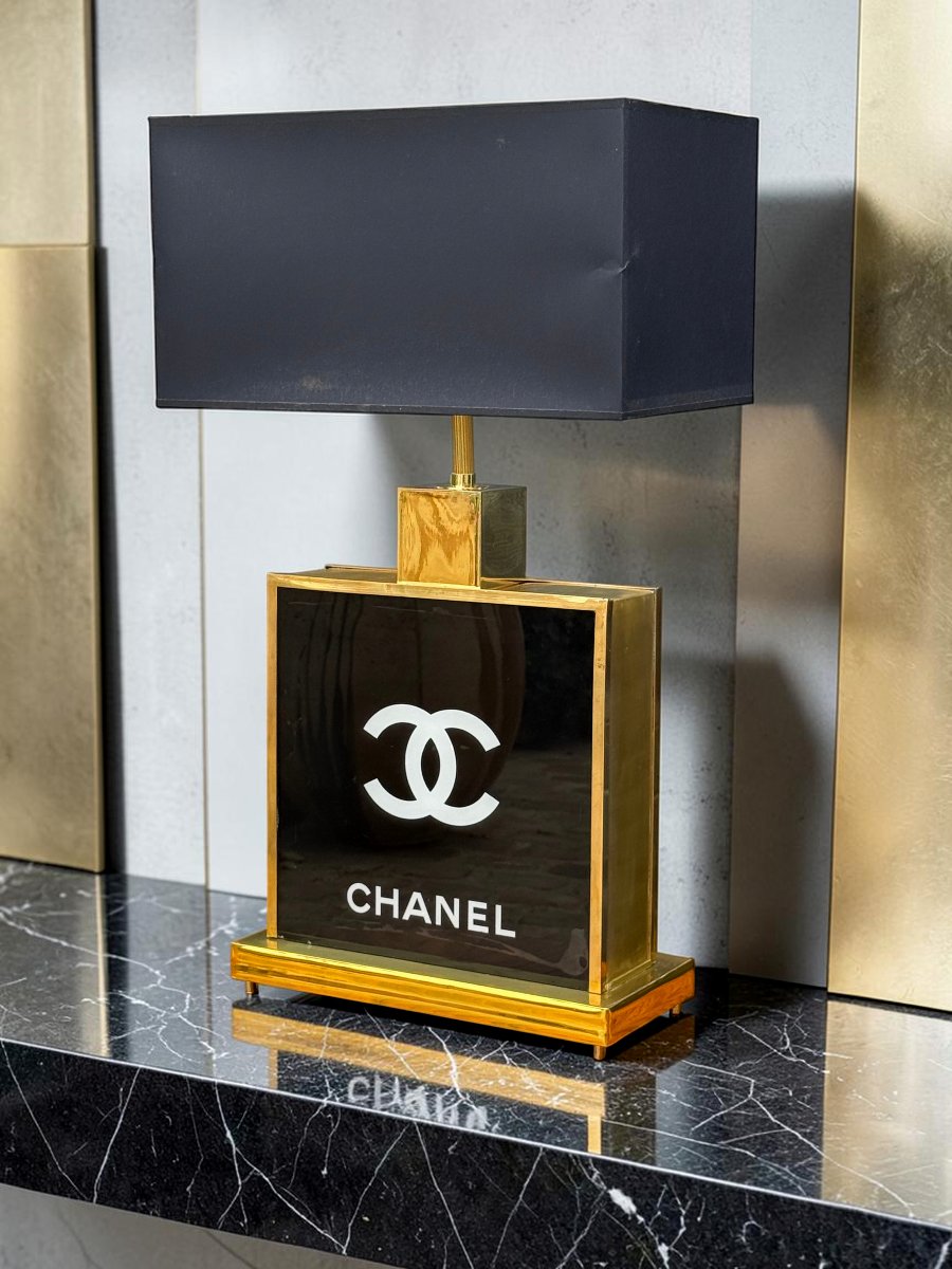 GRANDE LAMPE CHANEL DES ANNÉES 70 EN VERRE ET LAITON ET ABAT JOUR D ORIGINE-photo-7