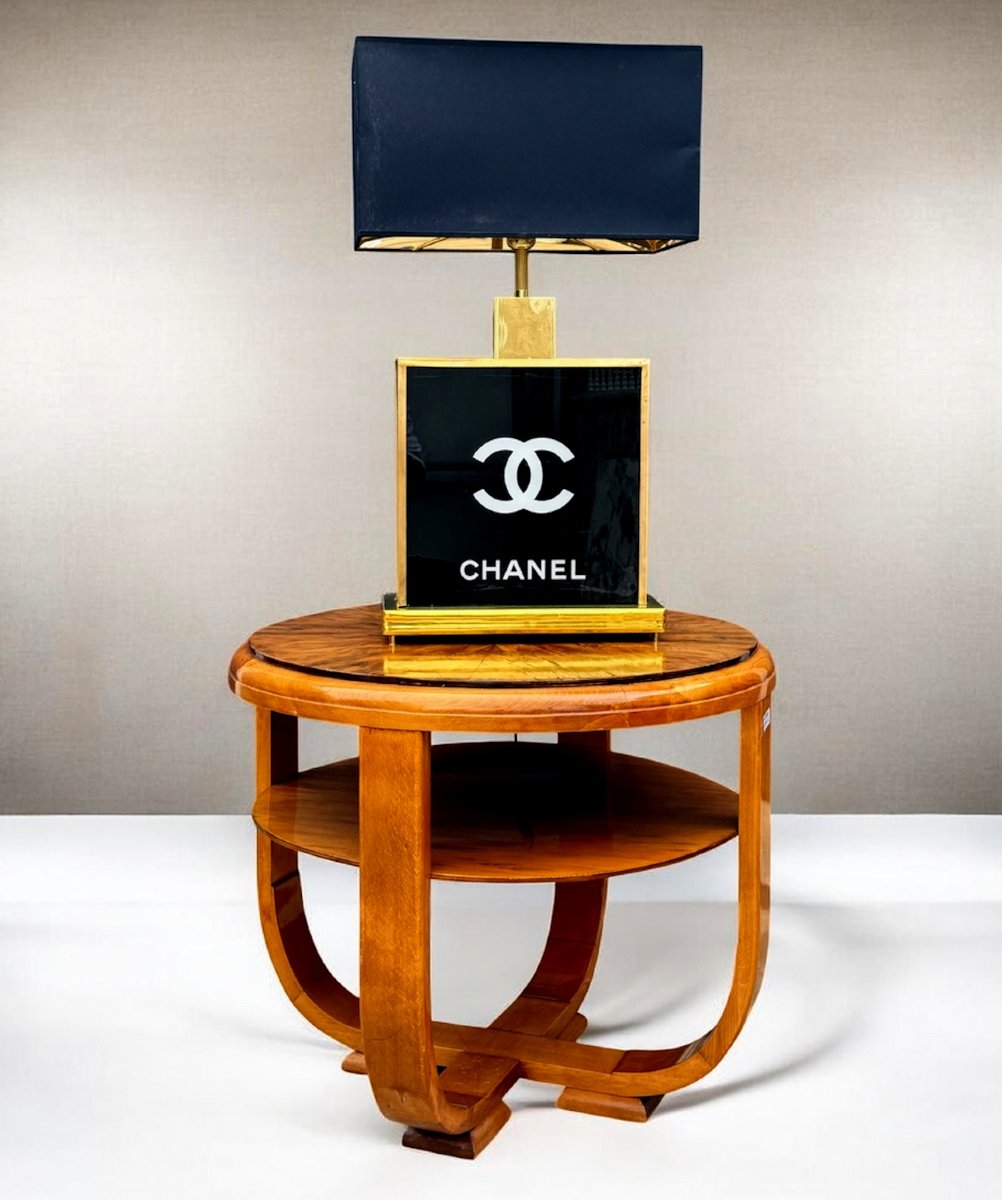 GRANDE LAMPE CHANEL DES ANNÉES 70 EN VERRE ET LAITON ET ABAT JOUR D ORIGINE