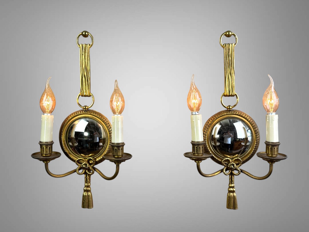 PAIRE D'APPLIQUES  EN BRONZE DORÉ AVEC MIROIR CONVEXE SIGNÉE PETITOT DES ANNÉES 30-photo-3