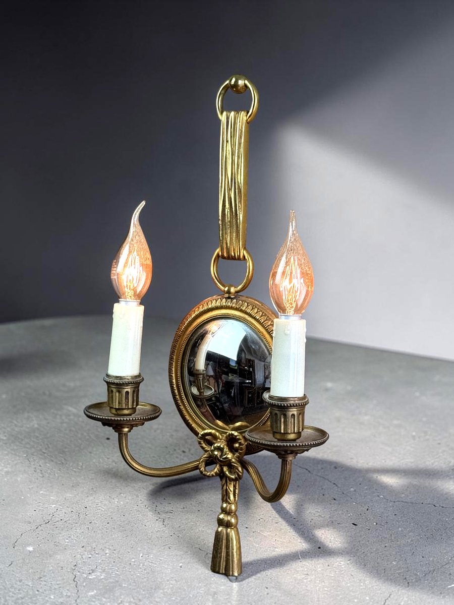 PAIRE D'APPLIQUES  EN BRONZE DORÉ AVEC MIROIR CONVEXE SIGNÉE PETITOT DES ANNÉES 30-photo-2