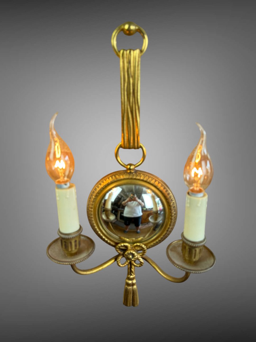 PAIRE D'APPLIQUES  EN BRONZE DORÉ AVEC MIROIR CONVEXE SIGNÉE PETITOT DES ANNÉES 30-photo-3