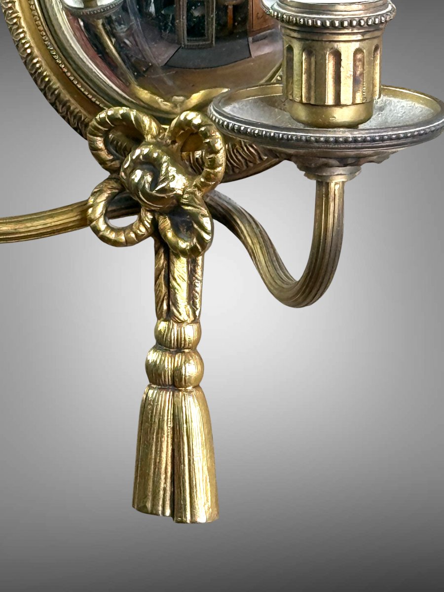 PAIRE D'APPLIQUES  EN BRONZE DORÉ AVEC MIROIR CONVEXE SIGNÉE PETITOT DES ANNÉES 30-photo-4