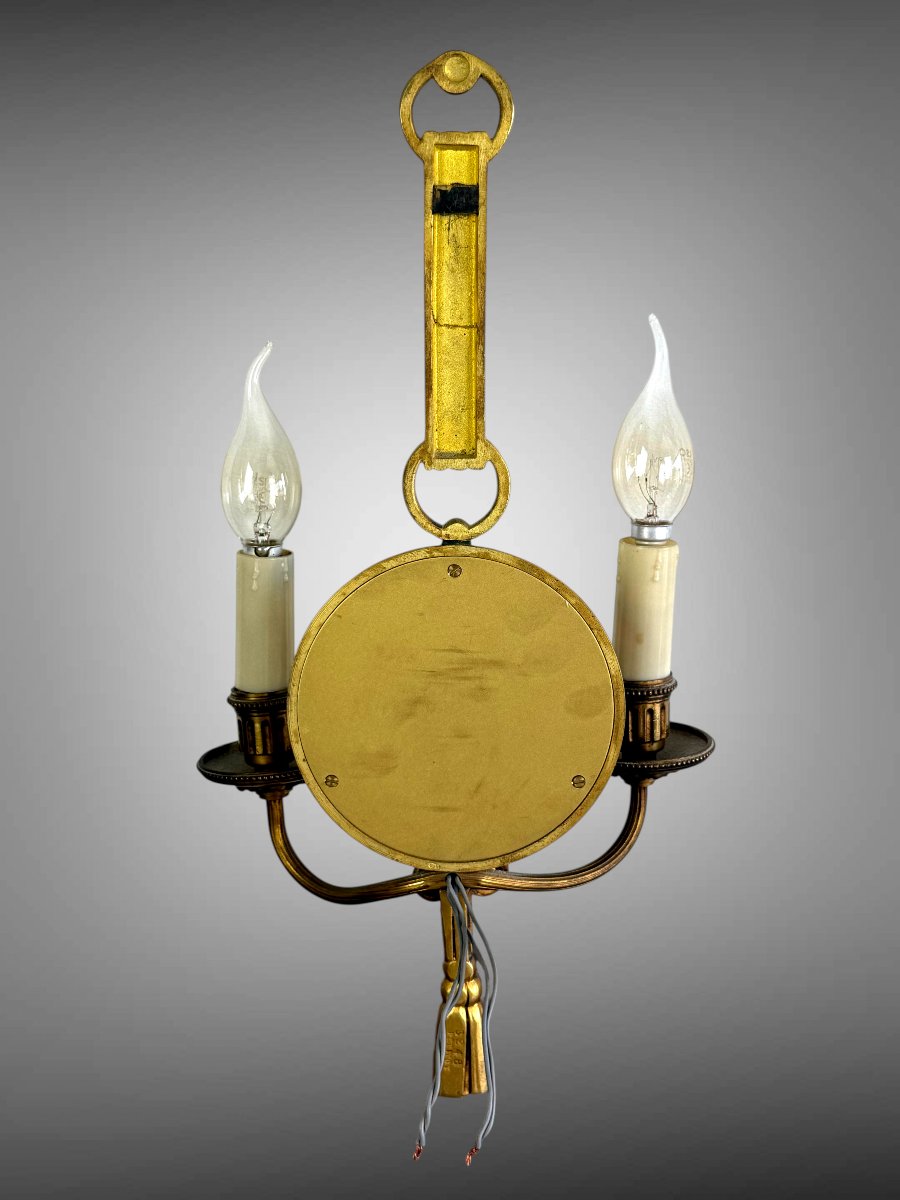 PAIRE D'APPLIQUES  EN BRONZE DORÉ AVEC MIROIR CONVEXE SIGNÉE PETITOT DES ANNÉES 30-photo-5