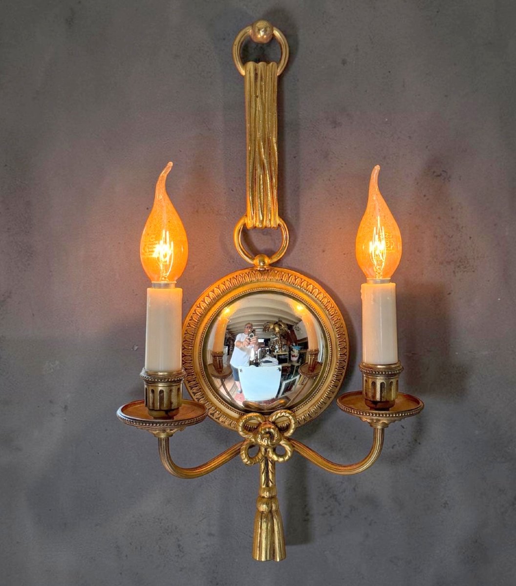 PAIRE D'APPLIQUES  EN BRONZE DORÉ AVEC MIROIR CONVEXE SIGNÉE PETITOT DES ANNÉES 30-photo-8