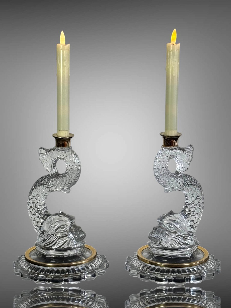Pair Of Dolphin Candleholders Made Of Pressed And Molded Glass With Brass Moldings-photo-2