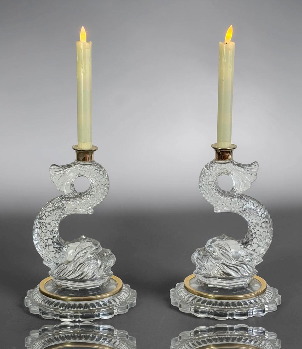 Pair Of Dolphin Candleholders Made Of Pressed And Molded Glass With Brass Moldings-photo-3
