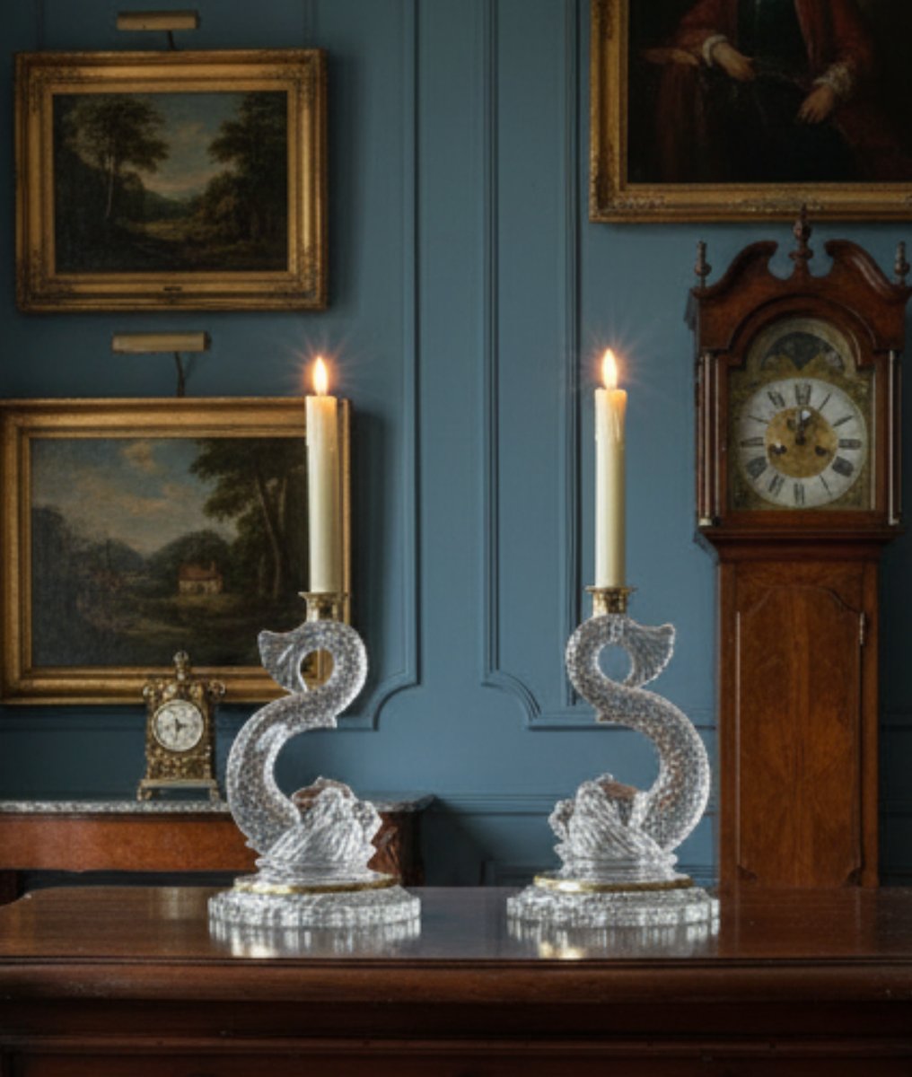 Pair Of Dolphin Candleholders Made Of Pressed And Molded Glass With Brass Moldings-photo-4