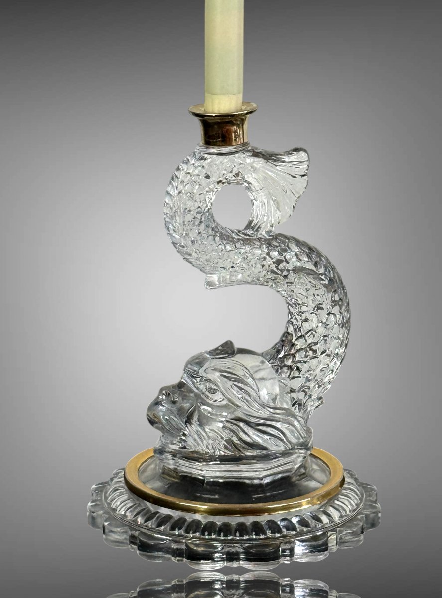Pair Of Dolphin Candleholders Made Of Pressed And Molded Glass With Brass Moldings-photo-1