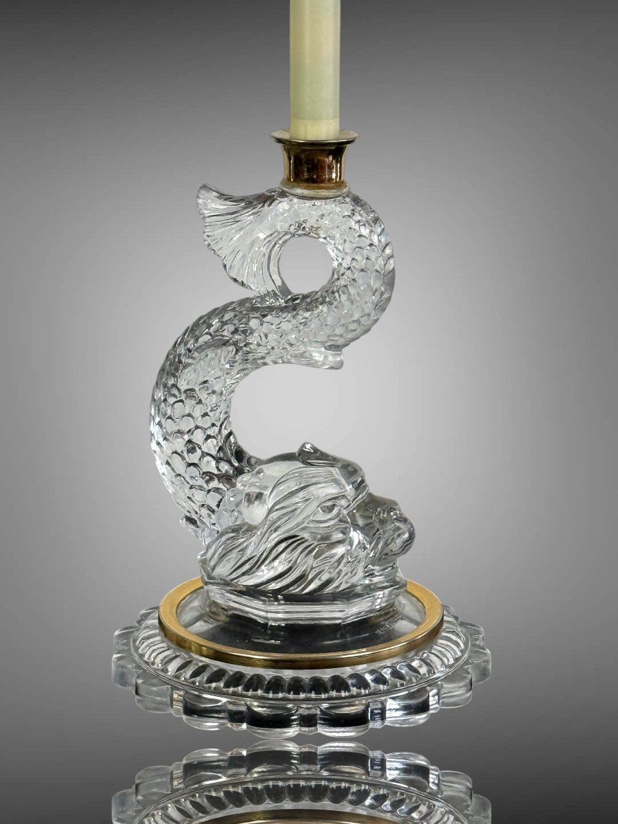 Pair Of Dolphin Candleholders Made Of Pressed And Molded Glass With Brass Moldings-photo-2