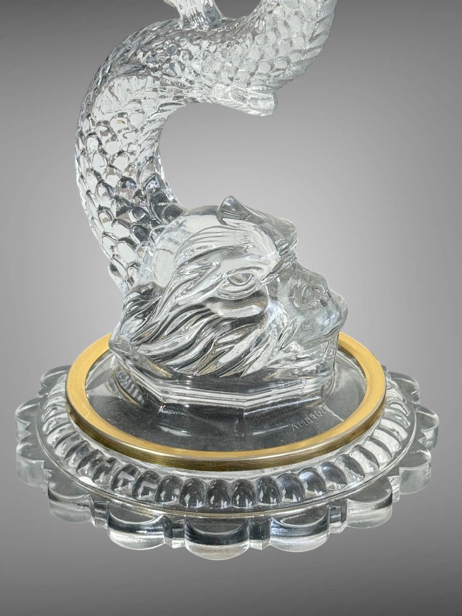 Pair Of Dolphin Candleholders Made Of Pressed And Molded Glass With Brass Moldings-photo-3