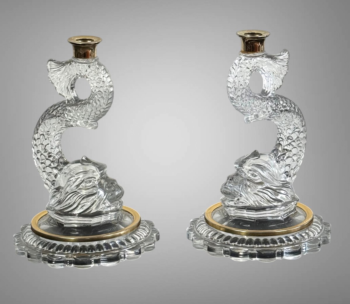 Pair Of Dolphin Candleholders Made Of Pressed And Molded Glass With Brass Moldings-photo-4