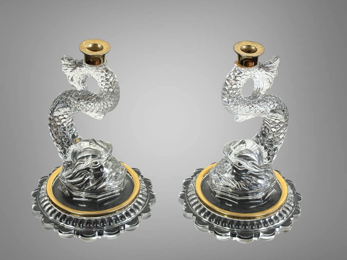 Pair Of Dolphin Candleholders Made Of Pressed And Molded Glass With Brass Moldings-photo-5
