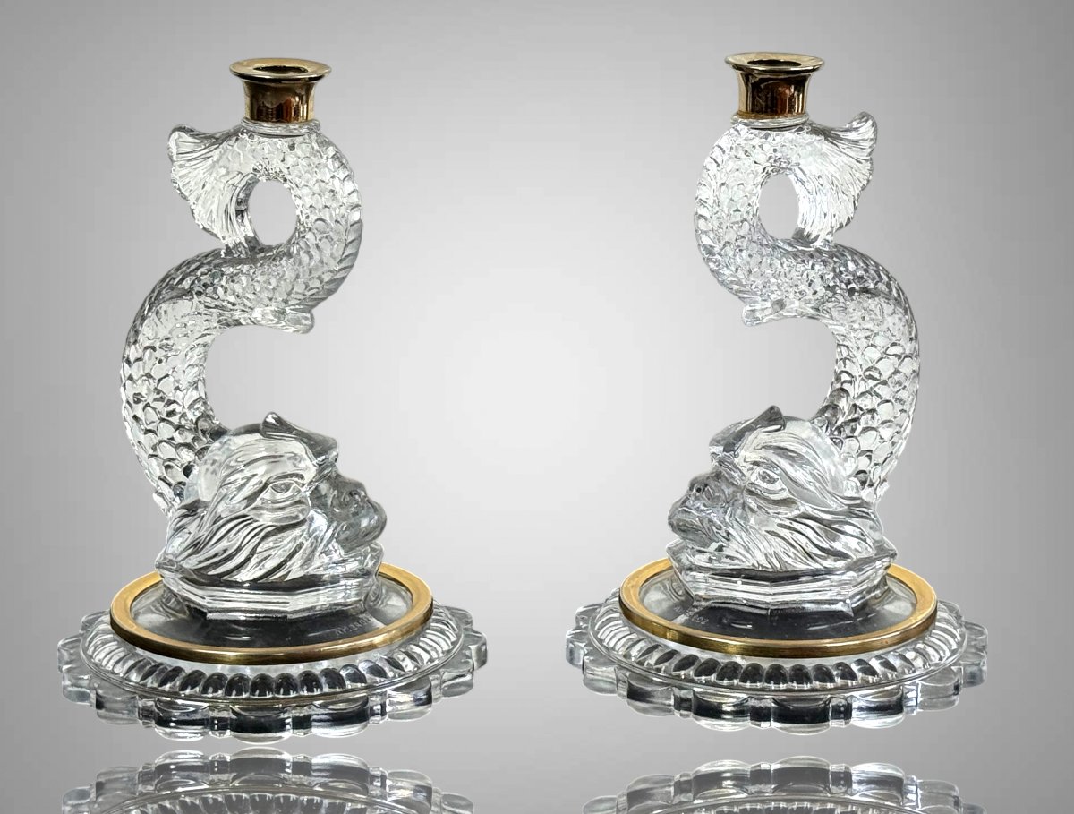 Pair Of Dolphin Candleholders Made Of Pressed And Molded Glass With Brass Moldings-photo-6